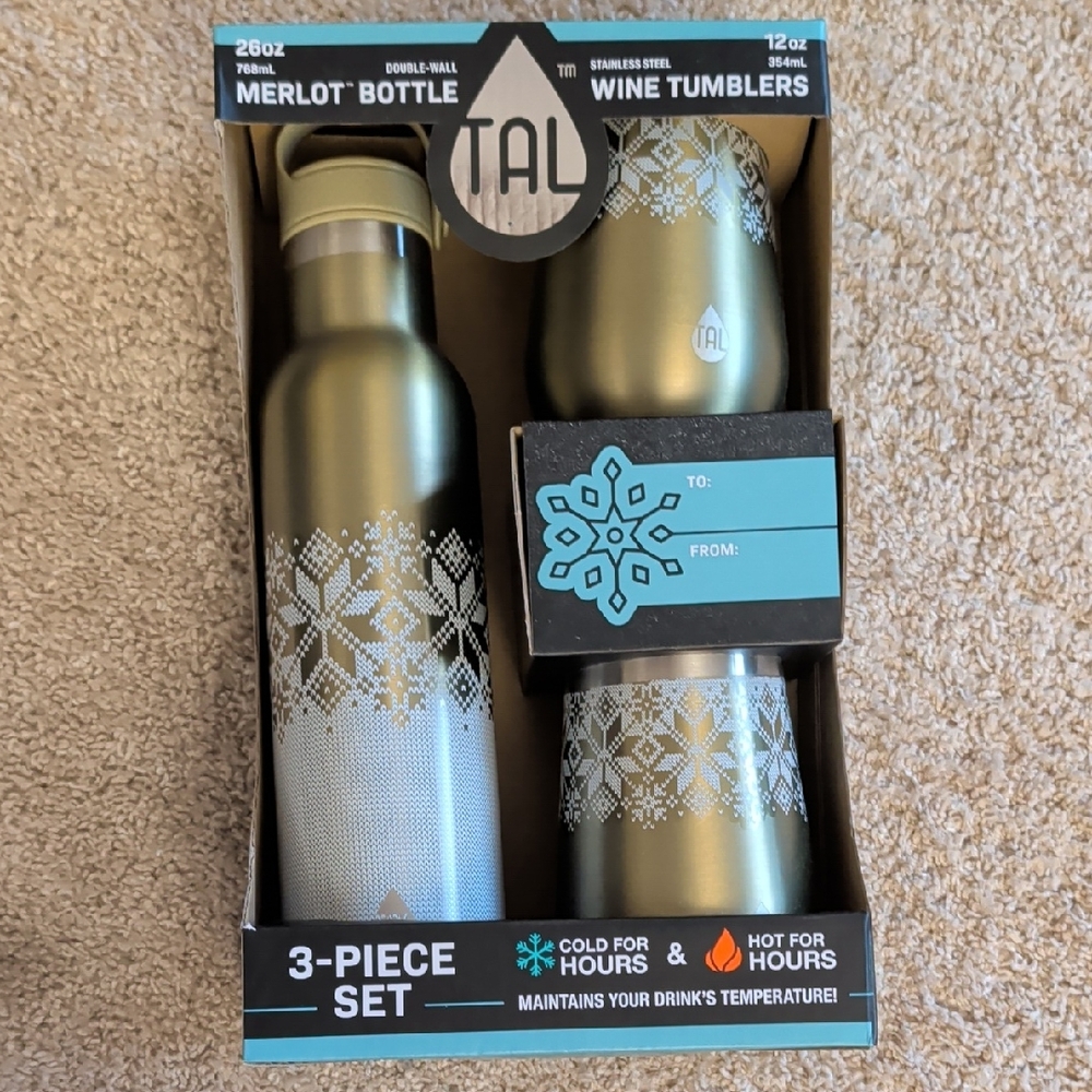 NIB TAL Stainless Steel 26 fl oz Merlot Bottle and 2-12 fl oz Wine Tumblers